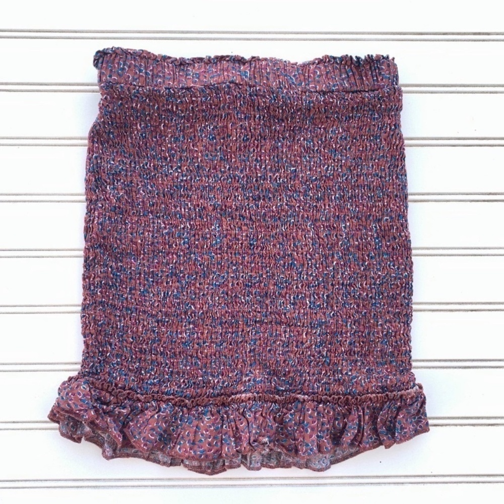 Blush J Smocked Mini Skirt Small Floral Ruffle Hem Bodycon Boho Mauve Blue